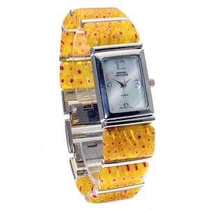 MURANO LINKS WATCH: Montres de Fleur Women&#39;s Multicolor Orange Red Murano Glass Links Rectangle Case Analog Battery Quartz Wrist Watch