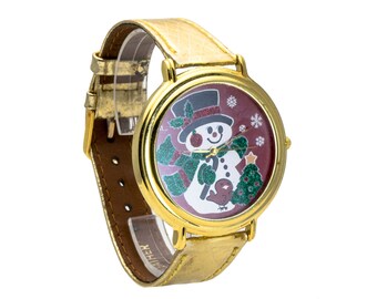 Montre bonhomme de neige de Noël, bracelet en cuir doré, montre à quartz pour les fêtes