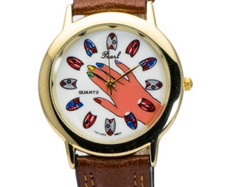 Reloj de pulsera PRETTY NAILS. Piel auténtica marrón, esfera estampada a mano. Movimiento de cuarzo analógico a pilas.
