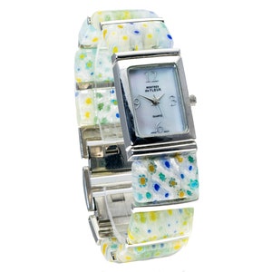 MURANO LINKS WATCH: Montres de Fleur Women&#39;s Multicolor Blue Green Murano Glass Links Rectangle Case Analog Battery Quartz Wrist Watch