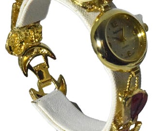 Christmas Charm Bracelet Watch, Gold Tone, Holiday Jewelry