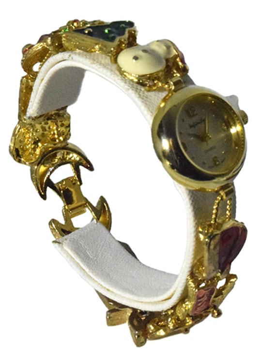Christmas Charm Bracelet Watch, Gold Tone, Holiday Jewelry  display picture 2