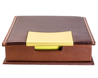 Dark Brown Leather BOX With Gold Engravable Metal Plate and Yellow NOTE PAPERS