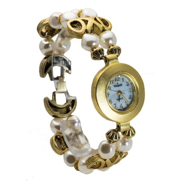 PEARLS BRACELET WATCH, White Natural look Pearls with oxo links antique Slide Links Bracelet,Gold color finish round Case, White face watch