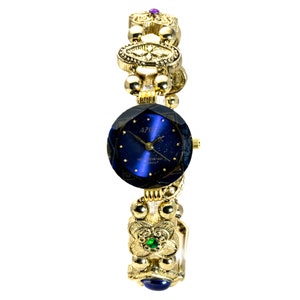 ANTIQUE BRACELET WATCH, Different Style Green,Red and Blue antique Slide Links Bracelet, Gold color finish round Case, Blue face watch