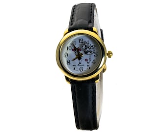 Montre cadran de vache, cadran imprimé à la main, bracelet en cuir noir