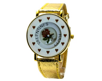 HAPPY VALENTINES MOVING Watch,  Wrist Happy Valentines Rose Flower Watch. Gold  Leather Band. Battery Analog Quartz Movement