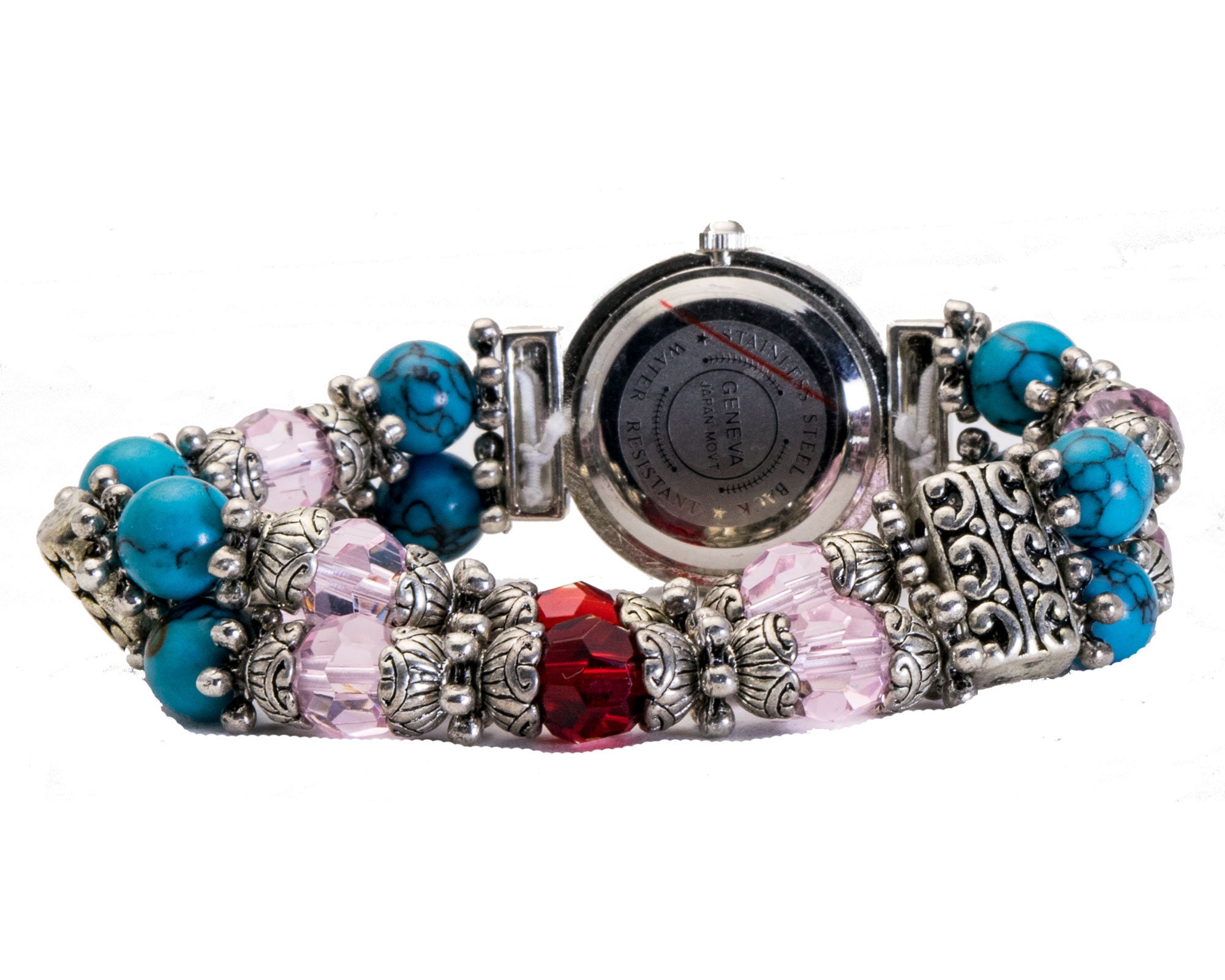 Turquoise Beaded Watch, Geneva Silver Finish Stretch Band - Etsy display picture 1