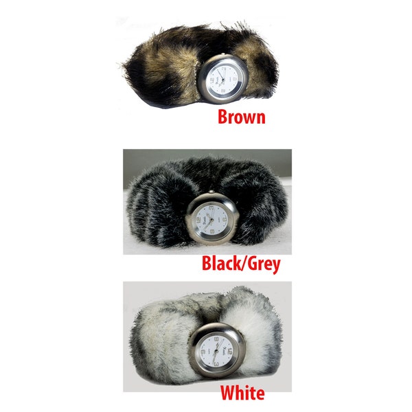 FUR WATCH: XANADU women's Brown Black-Gray and White Artificial Fur with Stainless Steel finish Case stretch band analog quartz watch