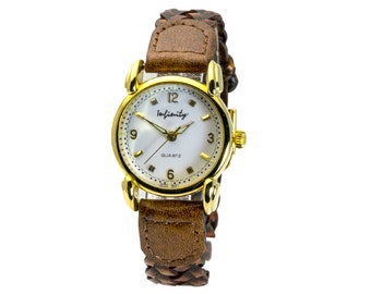 Braided Brown Leather Band Watch, Round Gold Case, Quartz Movement