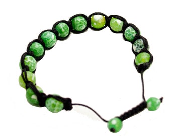 SEMIPRECIOUS GREEN Stone Faceted Balls Beaded Black Cord SHAMBALLA Bracelet.