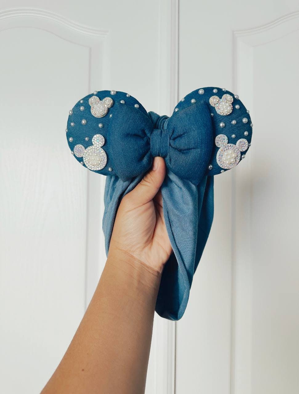 Western Denim Inspired Minnie Ears Headband with Bows & Sequins Denim Minnie Ears - Etsy main image 4