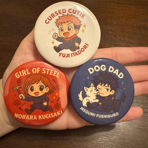 Jujutsu Kaisen Button Pins | First Years - Yuji, Megumi & Nobara | Anime Merch Set or Singles