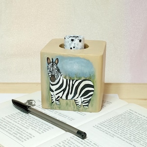 Zebra Pen Holder - Hand Painted Wood Desk Organizer - Exotic Animal Decor for Home or Office