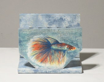 Blue Desk Organizer, Betta Fish Art Painting, Blue Metallic Orange White Siamese Fighting Fish