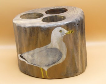 Desk Pen Holder 3 Compartments Distressed Look Wood Ring-Billed Gull Seabird