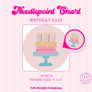 Könnte beinhalten: Ein Stickmuster für ein Geburtstagstorten-Design. Die Grafik zeigt eine rosa Torte mit gelbem Zuckerguss und bunten Streuseln auf einem blauen Tortenständer, gekrönt von Kerzen. Der Text umfasst Needlepoint Chart, Birthday Cake, 18 Mesh, Finished Size: 4" x 4" und CJG Design Company.