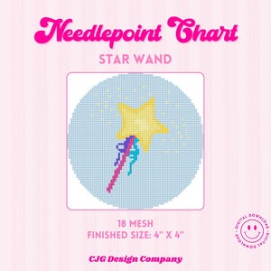 Könnte beinhalten: Eine Stickvorlage mit dem Titel Needlepoint Chart STAR WAND, die eine gelbe Sternenstab-Grafik auf hellblauem Rasterhintergrund zeigt. Der Text enthält 18 MESH FINISHED SIZE: 10,16 cm X 10,16 cm und CJG Design Company. Ein digitales Download-Symbol ist abgebildet.