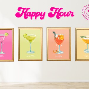 Happy Hour Bar Cart Decor | Cocktailprints Set van 4 | Het is altijd Happy Hour | Trendy cocktailprints | Barkar wordt afgedrukt | Digitale afdruk