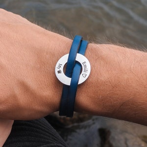Leather Blue bracelet with custom engraving. Bohemian bracelet, Gift For Friend, Unisex, Engraved Leather Wristband, Bracelet homme