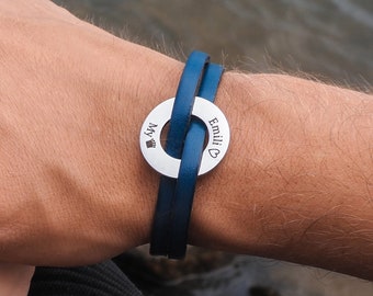 Pulseira de couro azul com gravação personalizada. Pulseira Boho, presente para um amigo, unissex, pulseira de couro gravada, pulseira homme