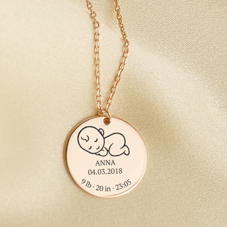 925 SILVER Engraved Baby Birth Necklace, New Mom Necklace With Baby