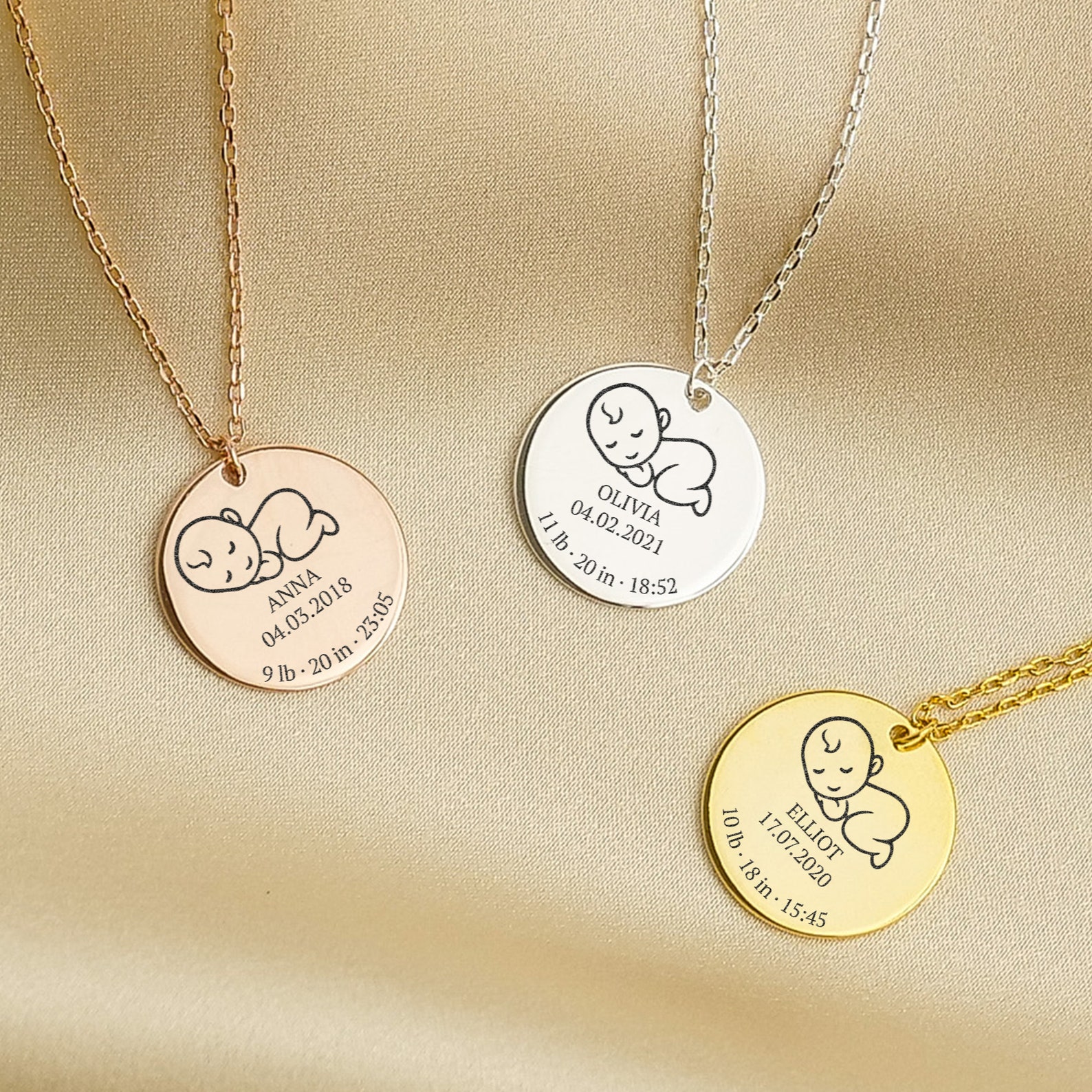 925 SILVER Engraved Baby Birth Necklace, New Mom Necklace With Baby