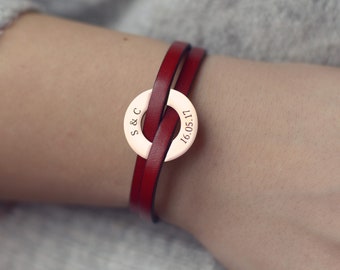Leather red bracelet with custom engraving. Engraved Leather Wristband/ Handmade leather bracelet/ Unisex/ Men or Woman Leather Wristband