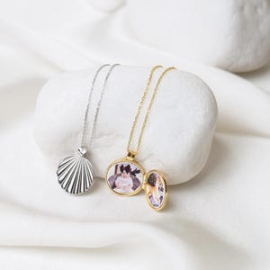 Silver shell locket necklace, Silver covered Locket necklace with photo, Photo locket pendant necklace, Sterling silver shell necklace