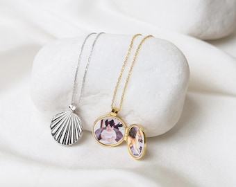 Colar de medalhão de concha de prata, Colar de medalhão coberto de prata com foto, Colar de pingente de medalhão de foto, Colar de concha de prata esterlina