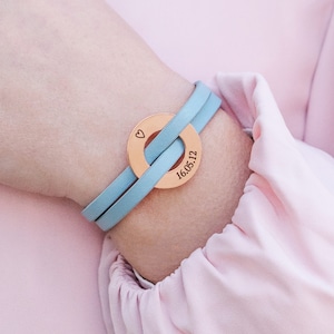Leather light blue bracelet with custom engraving. Unisex Leather Bracelet / Men or Woman Leather Wristband/ Handmade leather bracelet