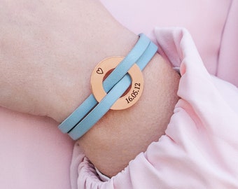 Leather light blue bracelet with custom engraving. Unisex Leather Bracelet / Men or Woman Leather Wristband/ Handmade leather bracelet