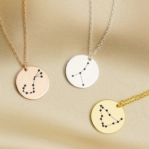 Engraved Zodiac Disc Necklace, Coin Pendant with Constellation, Personalized Zodiac Jewelry, Horoscope Jewelry, Birthday Gift
