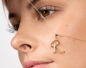 Colar inicial delicado coberto de ouro 14K, colar com letras personalizadas, presente de aniversário para ela, presente para mãe, presente de damas de honra,