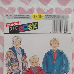 May include: Burda Super Easy sewing pattern number 4749 for a hooded jacket. The pattern includes three different styles: a quilted jacket, a red jacket, and a blue jacket. The pattern is for sizes 104-152 (4-12).