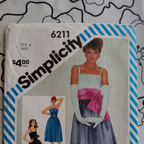 Vintage Simplicity 6211, 80's Prom dress pattern, Partially Cut