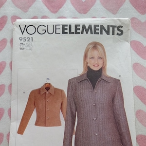 May include: A sewing pattern for a jacket with a collar and buttons. The pattern is from Vogue Elements and the pattern number is 9521. All sizes are included. The pattern is for a jacket with a herringbone pattern and a brown jacket with a solid color.