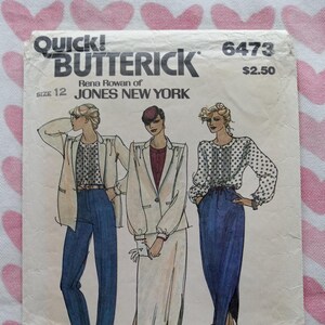 May include: Vintage sewing pattern for a women's blouse and skirt. The pattern is from Butterick and is size 12. The pattern shows three different styles of blouses and skirts. The pattern is on a white background with black text. The pattern number is 6473 and the price is $2.50.
