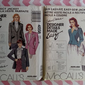 May include: Two vintage McCall's sewing patterns for jackets. The patterns feature illustrations of jackets in various styles, including a pink blazer and a gray jacket with a white bow. The text on the patterns reads "Designer Details Made Easy."