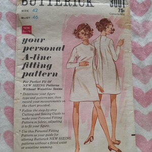 May include: Vintage Butterick sewing pattern, size 42, featuring an A-line dress design. The cover art shows two illustrations of the dress. The pattern includes instructions for personal fitting and is for women's sizes 38-40-42-44.