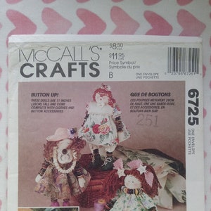 May include: A sewing pattern for making button dolls. The pattern includes instructions for making four dolls, each with a different outfit and button accessories. The dolls are 11 inches tall and come complete with clothes and button accessories. The pattern is called "Button Up!" and is from McCall's Crafts.