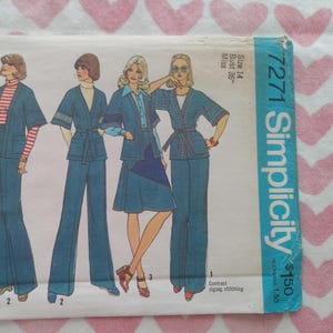 May include: Vintage Simplicity sewing pattern featuring illustrations of women's denim outfits. The pattern includes a jacket, skirt, and pants. The pattern number is 7271, with a bust size of 36 inches.