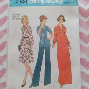 May include: Simplicity sewing pattern 7181 featuring three vintage fashion designs. The pattern includes a dress, a pantsuit, and a long dress. The size is 16 1/2 with a bust of 39 inches. The pattern is printed on a blue and white paper.