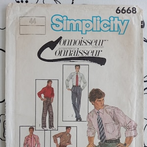 May include: Simplicity sewing pattern number 6668 for men's shirts and pants. The pattern includes four different styles, all with long sleeves and a variety of colors and patterns.