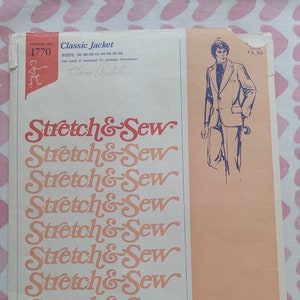 May include: A vintage sewing pattern for a classic jacket, featuring a man wearing the jacket. The pattern is designed for knit fabrics and is by Ann Person. The pattern number is 1770 and the price is $3.30.