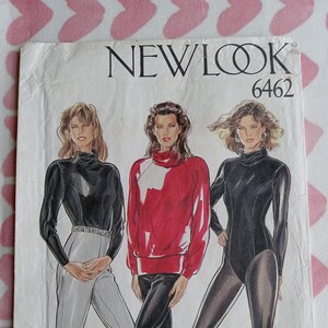 May include: A sewing pattern for three different looks, featuring a black turtleneck bodysuit, a red and white turtleneck sweater, and a pair of gray pants. The pattern is from New Look and the pattern number is 6462.