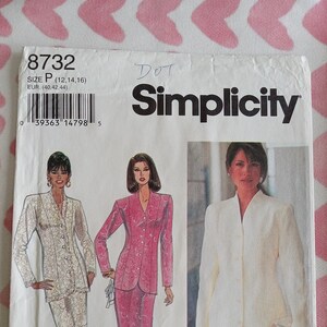 May include: A sewing pattern for a jacket and skirt. The pattern is for sizes 12, 14, and 16. The pattern is from Simplicity and the pattern number is 8732.