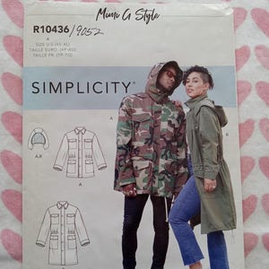 May include: Simplicity sewing pattern featuring a camouflage jacket and a green hooded jacket. The pattern includes illustrations of the jackets and the text "Mimi G Style" and "Simplicity". Sizes XS-XL are listed.