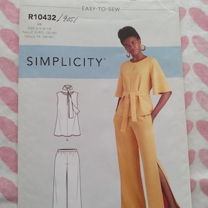 May include: A Simplicity sewing pattern featuring a yellow two-piece outfit with a top and wide-leg pants. The pattern includes illustrations of the designs and sizing information. The text "EASY-TO-SEW" is visible.