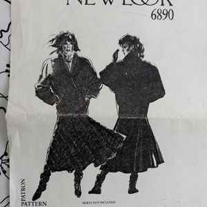 May include: A black and white illustration of two women wearing long coats and skirts. The image is from a sewing pattern for New Look pattern number 6890. The text "Skirts not included" is printed below the illustration.